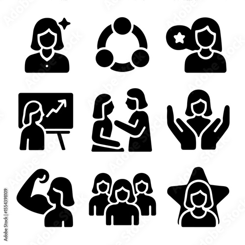 Rural Women Leadership Icons. Solid, filled icons set of rural women leadership: woman leader, group circle,
