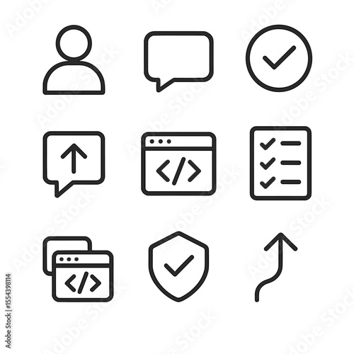 Code Review Icon Set. Outline icon set of code review workflow: reviewer avatar, comment bubble, approved stamp, change request,