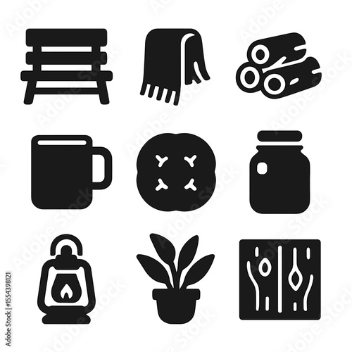 Rustic Corner Icons. Solid, filled icons set of rustic casual corner: wooden bench, cozy blanket, firewood