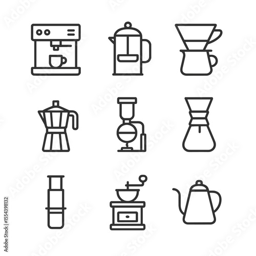 Coffee Brewing Icons. Outline icon set of Coffee Brewing Equipment: espresso machine, French press, pour-over dripper, Moka pot,