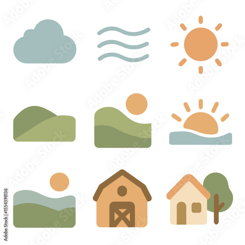 Rustic Icon Collection. Solid, filled icons set of rustic simplicity and calm: soft sky, morning mist, warm
