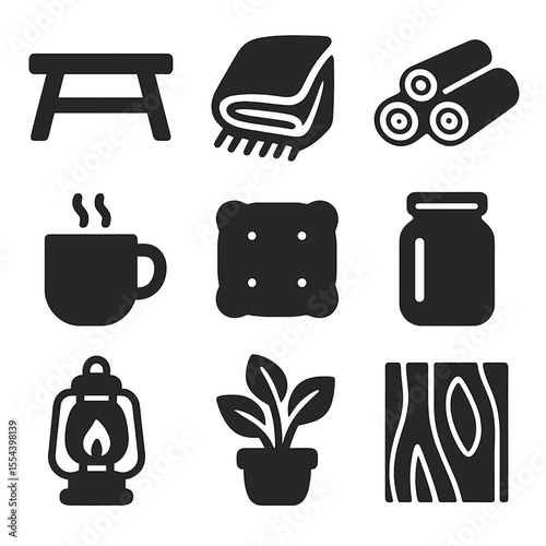 Rustic Corner Icons. Solid, filled icons set of rustic casual corner: wooden bench, cozy blanket, firewood