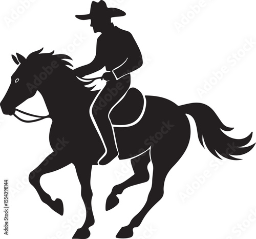 cowboy riding a running horse silhouette, black and white silhouette, vector and illustration