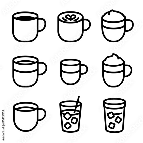 Coffee Icon Set. Outline icon set of Coffee Types in Mugs: black coffee, latte art, cappuccino mug, americano cup, macchiato shot,