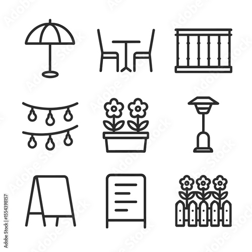 Coffeehouse Patio Icons. Outline icon set of Coffeehouse Outdoor Patio: patio umbrella, bistro table, balcony railing, string