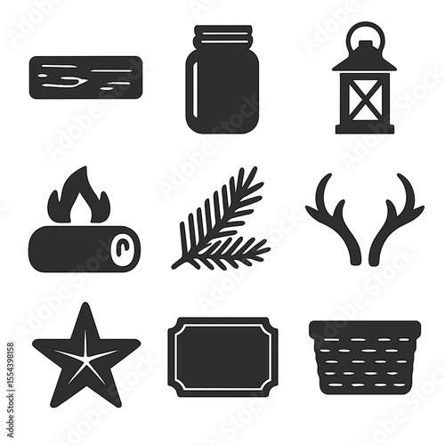 Rustic Mantel Icons. Solid, filled icons set of rustic mantel styles: wooden beam, mason jar, metal lantern,