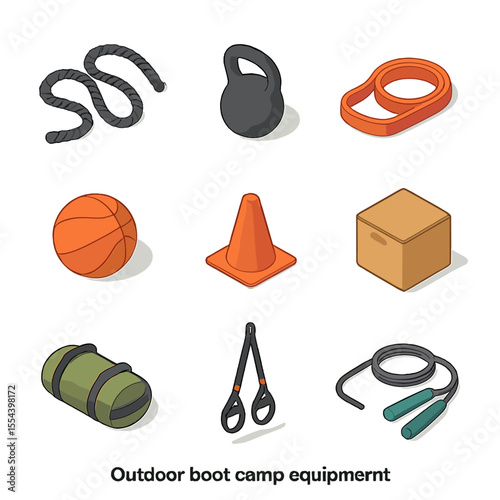 Boot Camp Equipment Icons. Isometric Flat icon set of outdoor boot camp equipment: battle rope, kettlebell, resistance band,