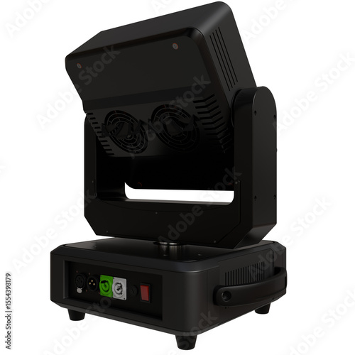 professional-grade moving head lighting fixture.  It features dual cooling fans, power input, and control connections.  Compact design suitable for stage or studio use