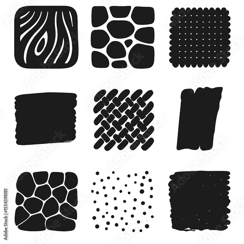 Rustic Texture Icons. Solid, filled icons set of rustic textures and patterns: wood grain, stone texture,