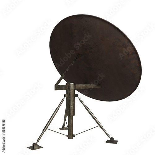 A weathered, dark brown parabolic satellite dish mounted on a tripod stand, angled slightly to the left, showing signs of rust and age. The dish's surface is textured and uneven