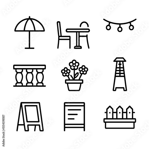 Coffeehouse Patio Icons. Outline icon set of Coffeehouse Outdoor Patio: patio umbrella, bistro table, balcony railing, string