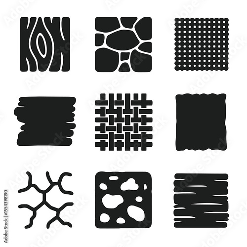 Rustic Texture Icons. Solid, filled icons set of rustic textures and patterns: wood grain, stone texture,
