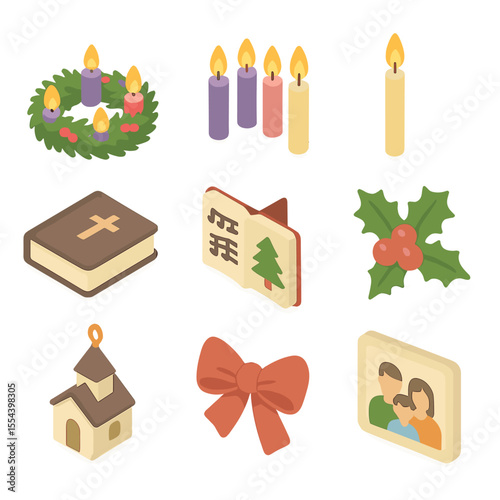 Advent Wreath Icons. Isometric Flat icon set of Advent wreath lighting: Advent wreath, four candles, lit taper, holy bible,