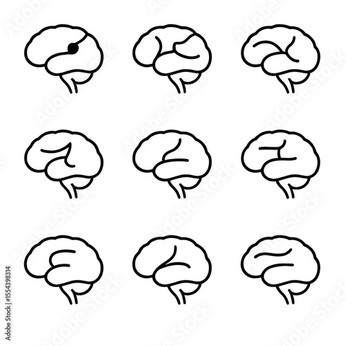 Brain Regions Icons. Outline icon set of brain regions involved in language processing: Broca’s area, Wernicke’s area, angular