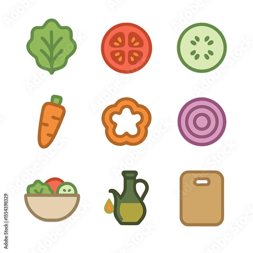 Salad Ingredients Icons. Solid, filled icons set of colorful salad preparation: lettuce leaf, sliced tomato,