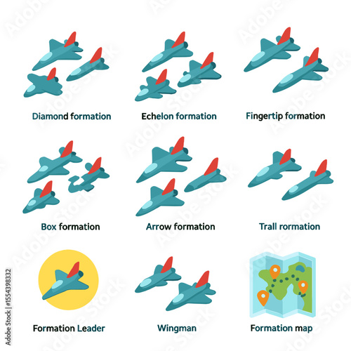 Aerial Formation Icons. Isometric Flat icon set of flight formation types: diamond formation, echelon formation, fingertip