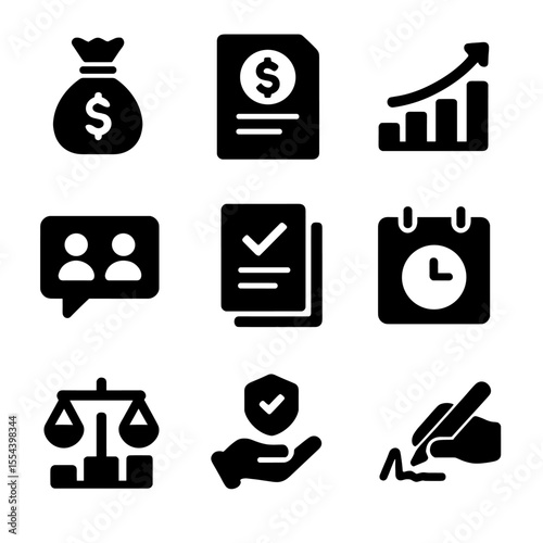 Salary Negotiation Icons. Solid, filled icons set of salary negotiation: money bag, offer letter, raise graph,