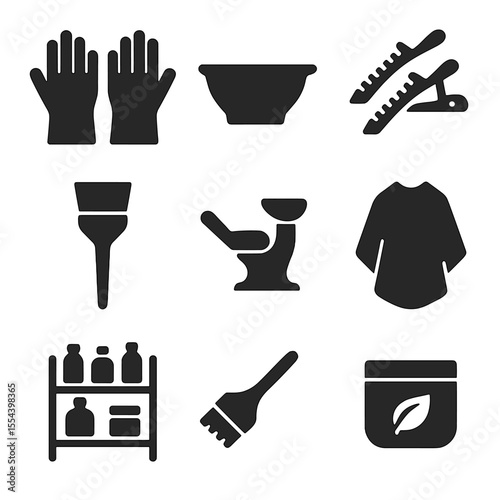 Salon Tools Icon Set. Solid, filled icons set of salon hair care: stylist gloves, treatment bowl, sectioning