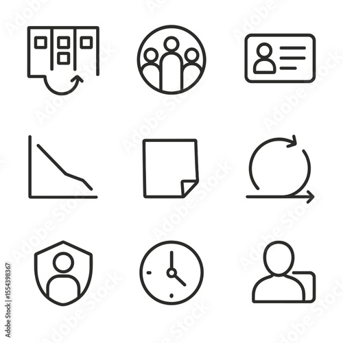 Agile Icons Grid. Outline icon set of Agile Development Practices: sprint backlog board, daily standup circle, Kanban card,