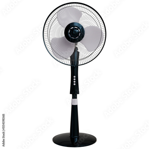 A black pedestal fan with three translucent blades, a circular base, and simple controls, is shown against a transparent background. The fan is sleek and modern in design