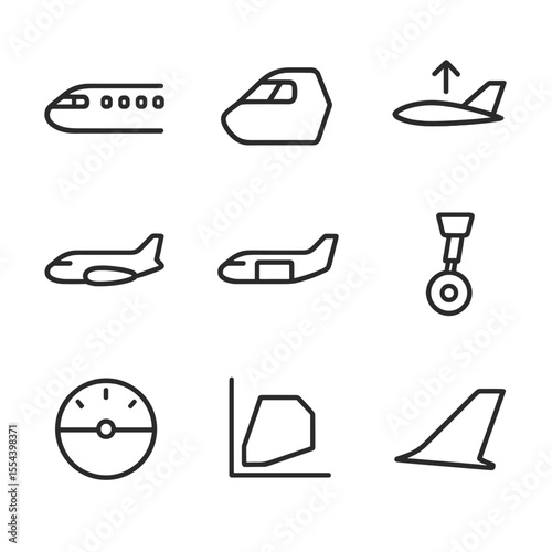 Aerospace Icon Set. Outline icon set of aerospace and CG: airplane fuselage, cockpit silhouette, aerodynamic lift vector, fuel