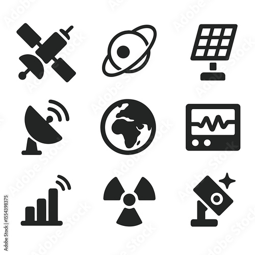 Satellite Technology Icons. Solid, filled icons set of satellite technology: communication satellite, orbit