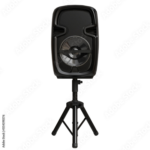 A black portable Bluetooth speaker on a small, adjustable tripod stand, featuring a single large woofer and a sleek, rectangular design.  The speaker is angled slightly forward