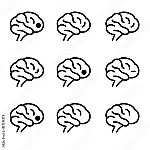 Brain Regions Icons. Outline icon set of brain regions involved in language processing: Broca’s area, Wernicke’s area, angular