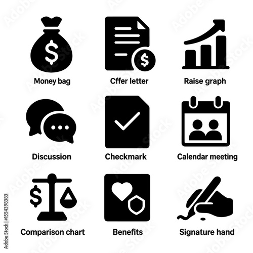 Salary Negotiation Icons. Solid, filled icons set of salary negotiation: money bag, offer letter, raise graph,
