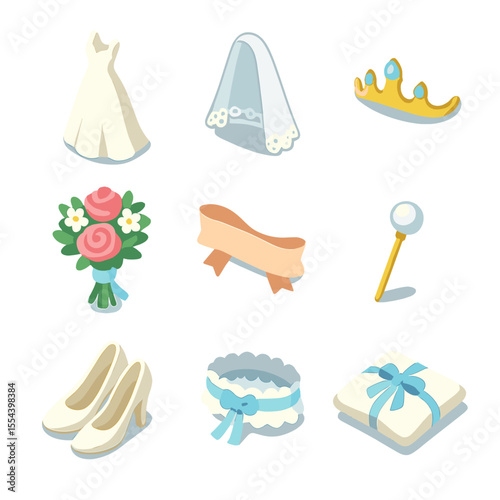 Bridal Gown Icon Set. Isometric Flat icon set of bridal gown collection: wedding dress, lace veil, tiara, bridal bouquet, satin