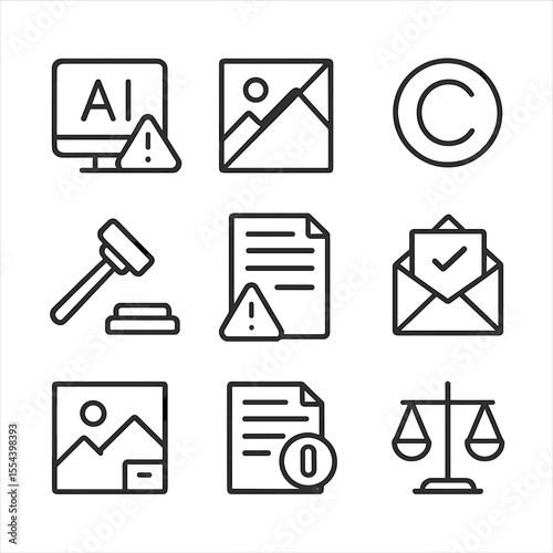 AI Art Copyright Icons. Outline icon set of AI art copyright issues: DMCA takedown, watermarked image, copyright symbol, gavel,