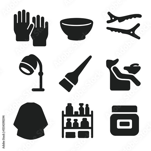 Salon Tools Icon Set. Solid, filled icons set of salon hair care: stylist gloves, treatment bowl, sectioning