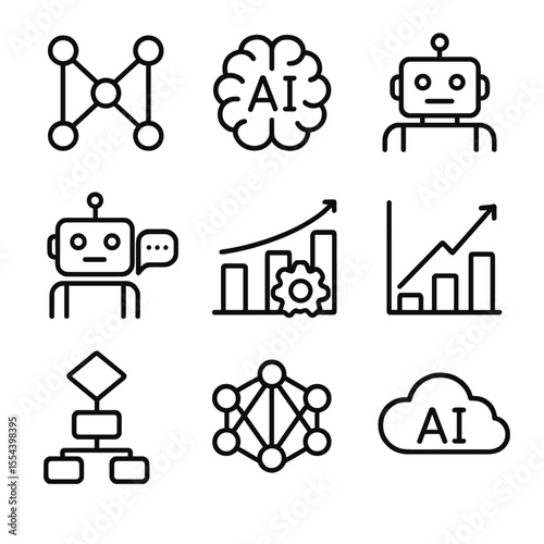 AI & Machine Learning Icons. Outline icon set of artificial intelligence and machine learning in business: neural network, AI