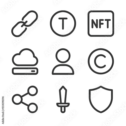 AI Art Ownership Icons. Outline icon set of AI art ownership debates: chain link, token, NFT, cloud storage, user profile,