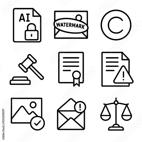 AI Art Copyright Icons. Outline icon set of AI art copyright issues: DMCA takedown, watermarked image, copyright symbol, gavel,