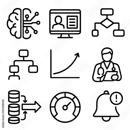 AI Clinical Icons Grid. Outline icon set of AI-driven clinical decision support: AI brain with circuits, patient EHR screen,