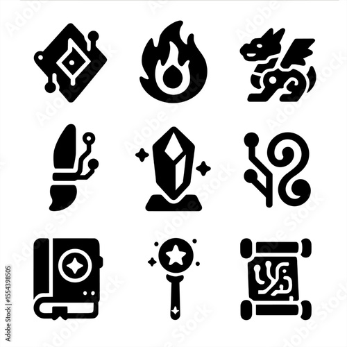Sci-Fantasy Icon Grid. Solid, filled icons set of science-fantasy hybrids: rune circuit, energy glyph, robotic