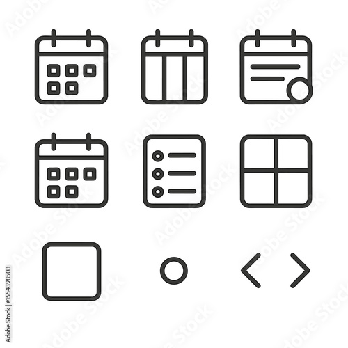 Calendar Icon Set. Outline icon set of calendar layouts: monthly grid, weekly view, daily agenda, yearly overview, agenda list,