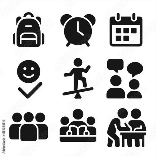 School-Life Balance Icons. Solid, filled icons set of school and life balance: school backpack, alarm clock,