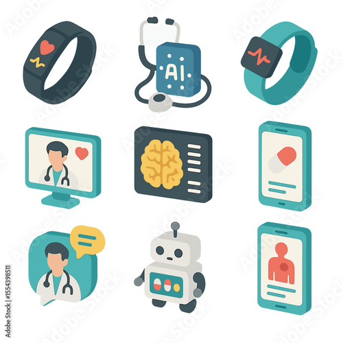 AI Healthcare Icons. Isometric Flat icon set of AI in healthcare: wearable fitness tracker, AI stethoscope device,