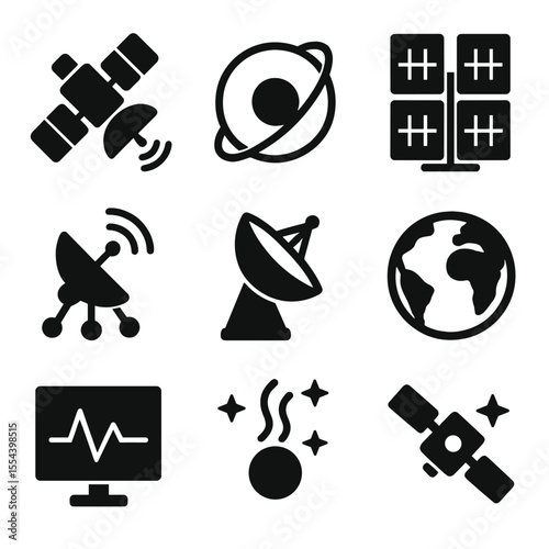 Satellite Technology Icons. Solid, filled icons set of satellite technology: communication satellite, orbit
