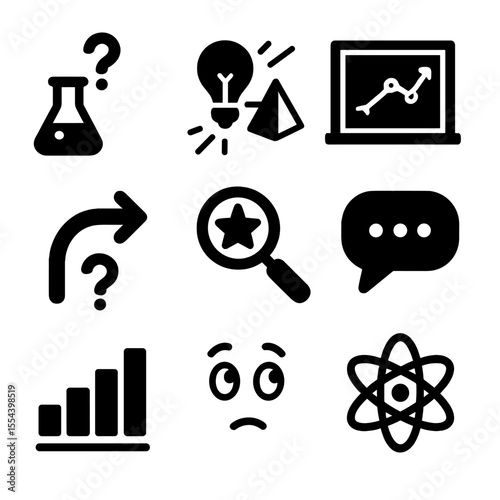 Science Icons Grid. Solid, filled icons set of scientific explanation concepts: hypothesis icon, light