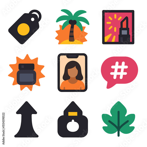Seasonal Cosmetics Icons Grid. Solid, filled icons set of seasonal cosmetics marketing: sale tag, summer promo