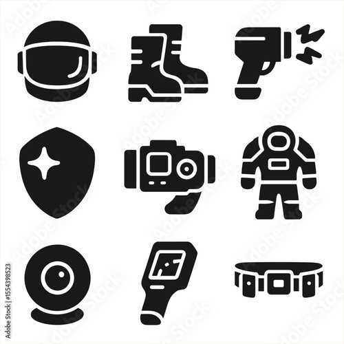 Sci-Fi Space Gear Icons. Solid, filled icons set of science fiction space gear: visor helmet, gravity boots,