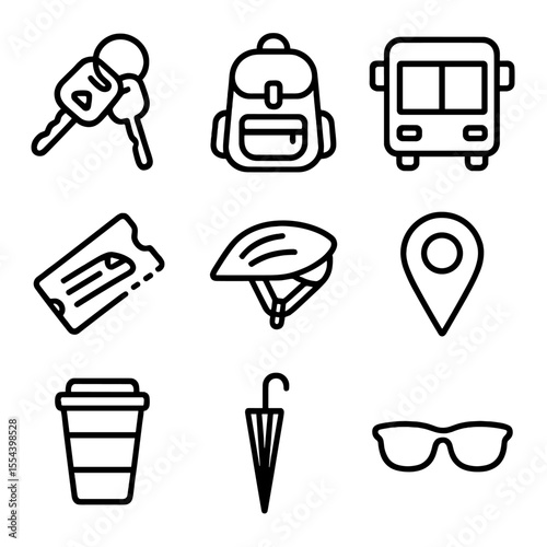 Commute Essentials Icons. Outline icon set of commute and travel preparation: car keys, backpack, bus icon, train ticket, bicycle