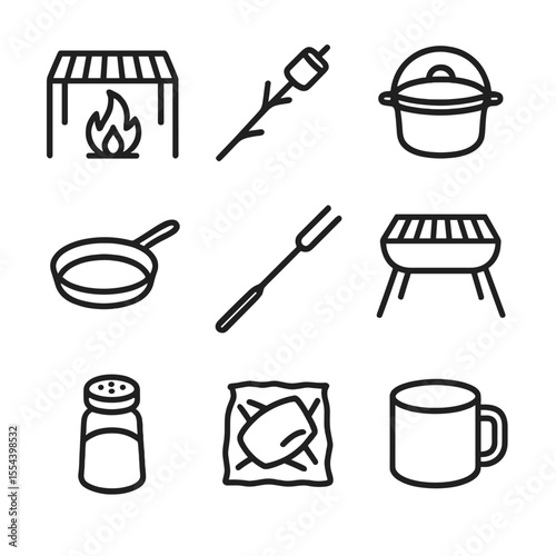 Campfire Cooking Icons. Outline icon set of campfire cooking: campfire grill, marshmallow on stick, Dutch oven, cast iron skillet,