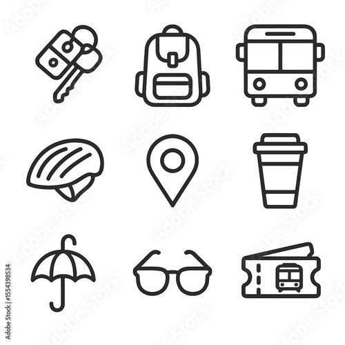 Commute Essentials Icons. Outline icon set of commute and travel preparation: car keys, backpack, bus icon, train ticket, bicycle