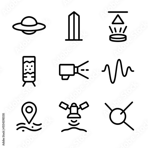 Alien Artifact Icons. Outline icon set of alien artifact detection: UFO silhouette, metal monolith, holographic glyph, sediment