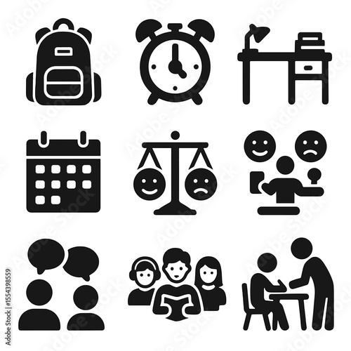 School-Life Balance Icons. Solid, filled icons set of school and life balance: school backpack, alarm clock,