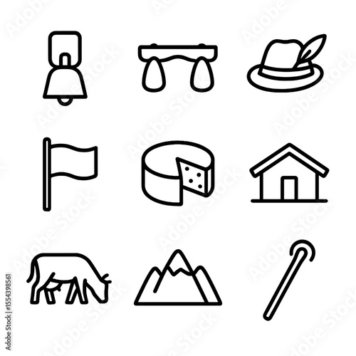 Alpine Herding Icons. Outline icon set of alpine herding traditions: weighted cowbell, wooden yoke, herdsman hat, pasture flag,